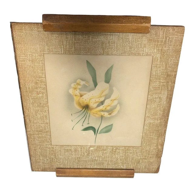 Original 1940s Mid-century vibrant Hawaiian Casablanca Lily airbrush on paper in original glass plate frame with a...