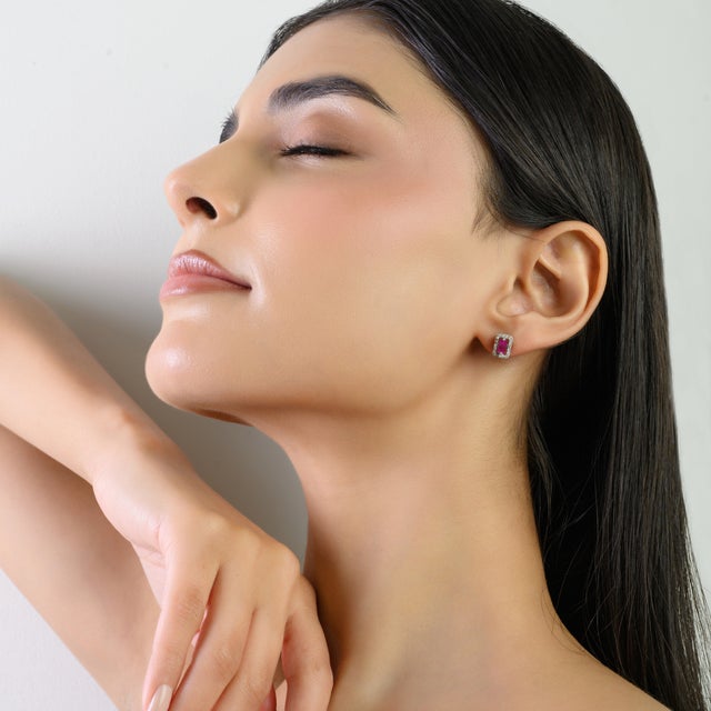 Sterling Silver Baguette-Cut Ruby Studs With Diamond-Style Halo- A Pair For Sale - Image 4 of 11