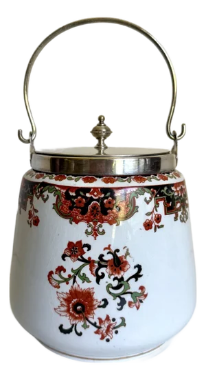 English H. M & Co. LTD Porcelain and Silverplated Imari Lidded Biscuit Jar