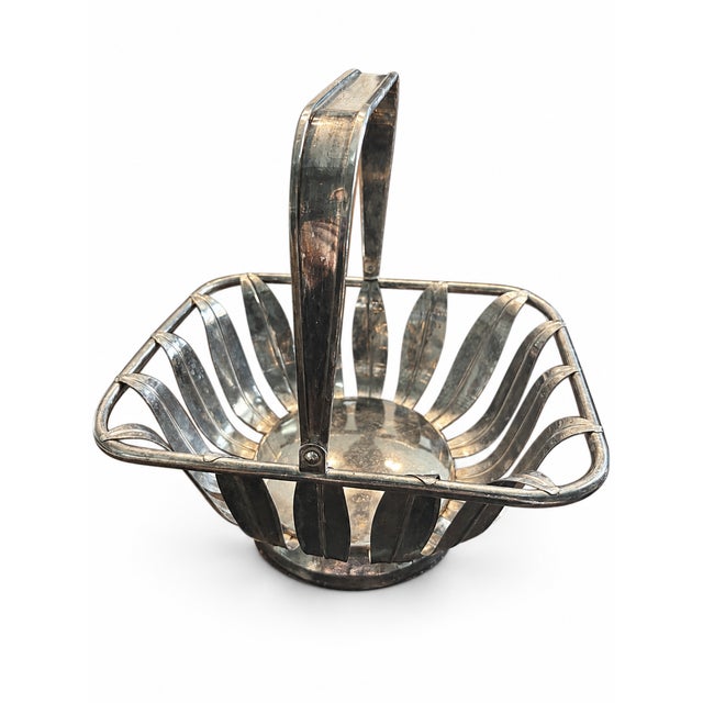 Modern Mid 20th Century Modern Silver-Plated Openwork Leaf Motif Swing-Handle Basket For Sale - Image 3 of 4