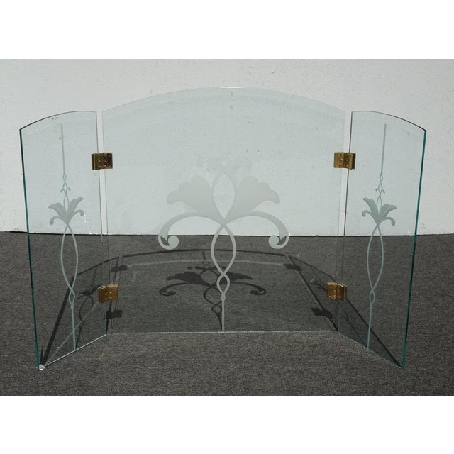Fireplace Screen With Three Panel Floral Etched Glass and Brass Hinges For Sale - Image 4 of 18