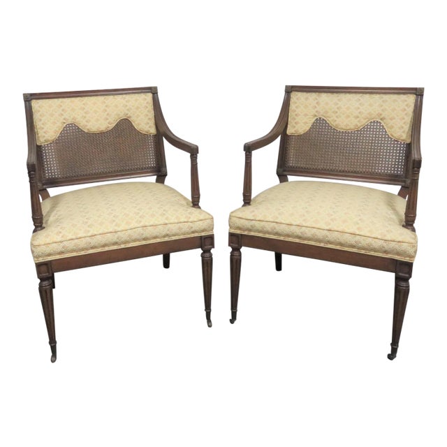 Louis XVI Style Caned Back Upholstered Armchairs - a Pair For Sale