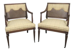 Louis XVI Style Caned Back Upholstered Armchairs - a Pair