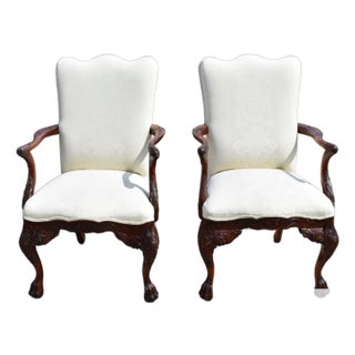 Carved Mahogany Arm Chairs Pair Federal Style Claw Feet Vintage For Sale