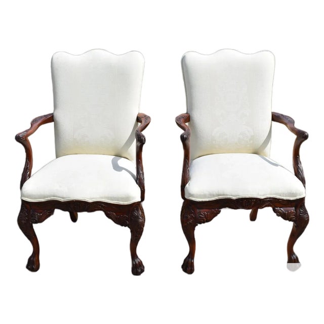 Carved Mahogany Arm Chairs Pair Federal Style Claw Feet Vintage For Sale