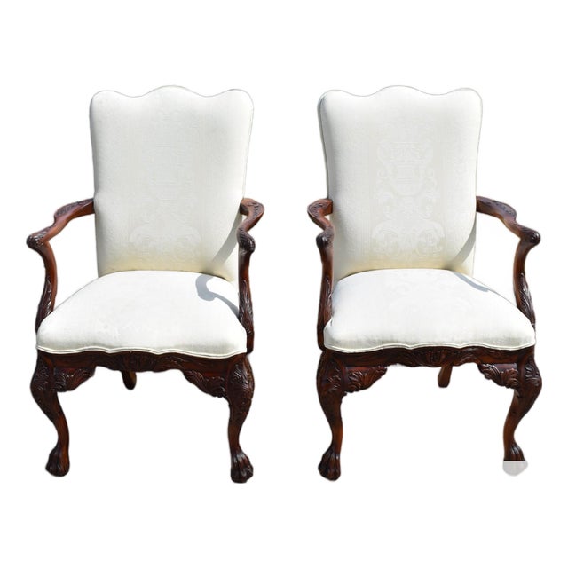 Vtg. Pair of Carved Mahogany Federal Style Arm Chairs With Claw Feet For Sale