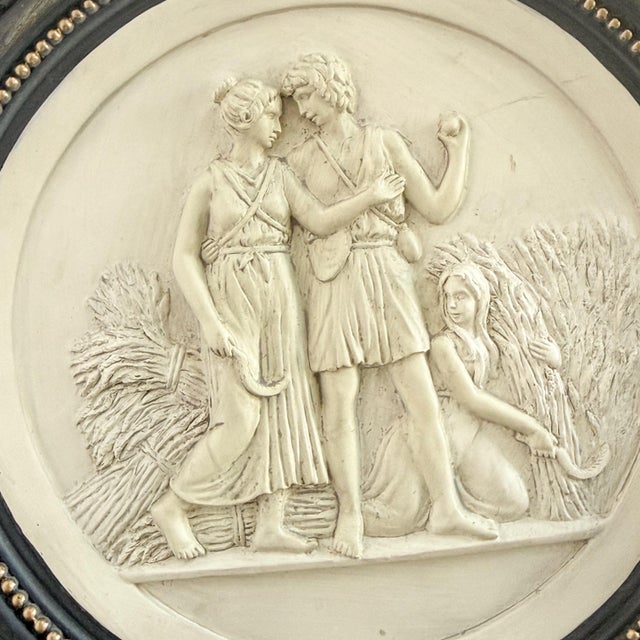 Mid 20th Century Pair of Neoclassical Figural Relief Wall Sculptures in Antiqued Gilt and Black Frames For Sale - Image 9 of 11