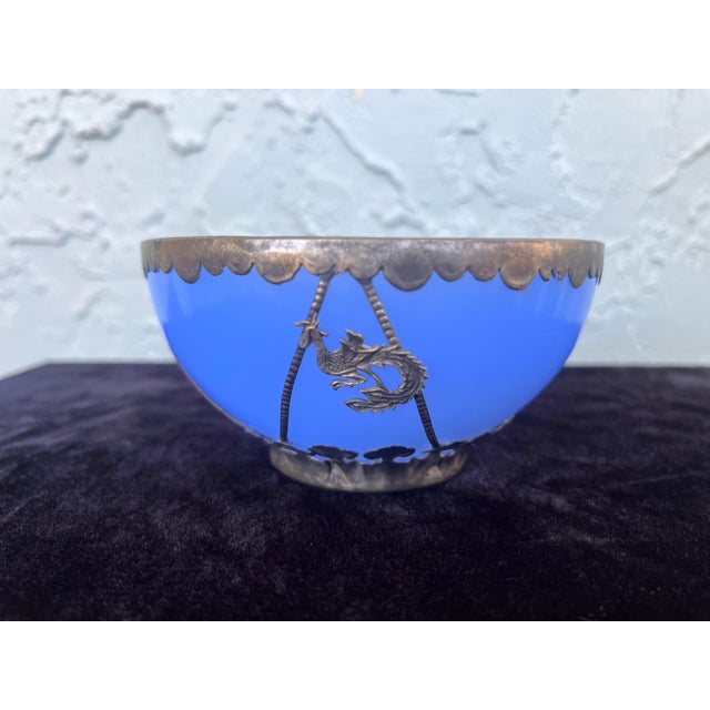 Early 20th Century Antique Chinese Blue Peking Glass Bowl With Signed Ornate Metal Mount For Sale - Image 5 of 8