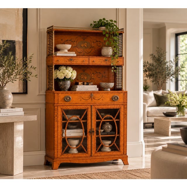 A rare and exceptional antique Georgian Sheraton period satinwood marquetry inlaid display cabinet dating to circa 1800,...