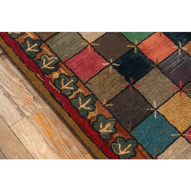 Brown 1880s Antique Multicolor Folk Art Checkerboard "X" Motif American Hooked Rug For Sale - Image 8 of 8