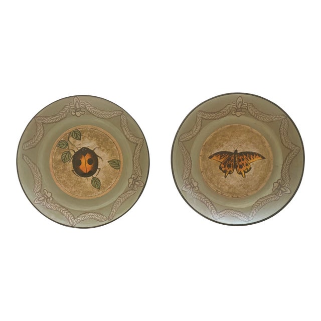 Hand Painted Fleur De Lis Butterfly and Ladybug Decorative Plates - Set of Two For Sale