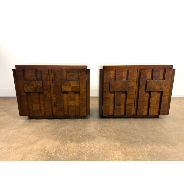 A striking pair of Lane Furniture Staccato nightstands or end tables, from the 1970s. Part of Lane’s highly recognizable...