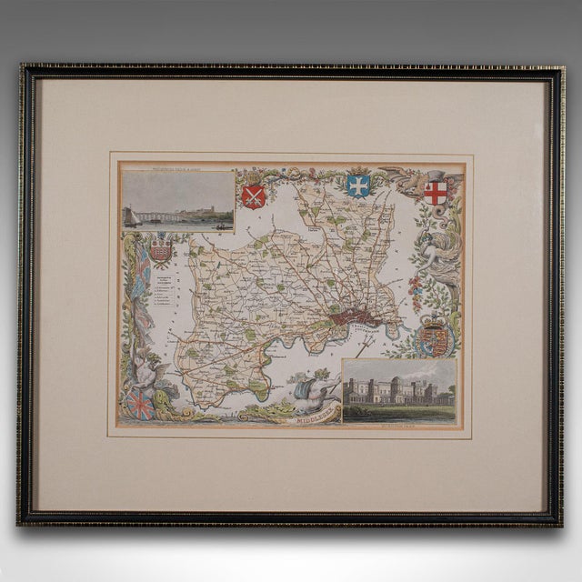 This is an antique lithography map of Middlesex. An English, framed atlas engraving of cartographic interest, dating to...