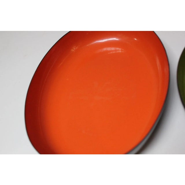Metal Trio of Vintage Blue, Green, and Orange Enamel Sauté Pans For Sale - Image 7 of 12