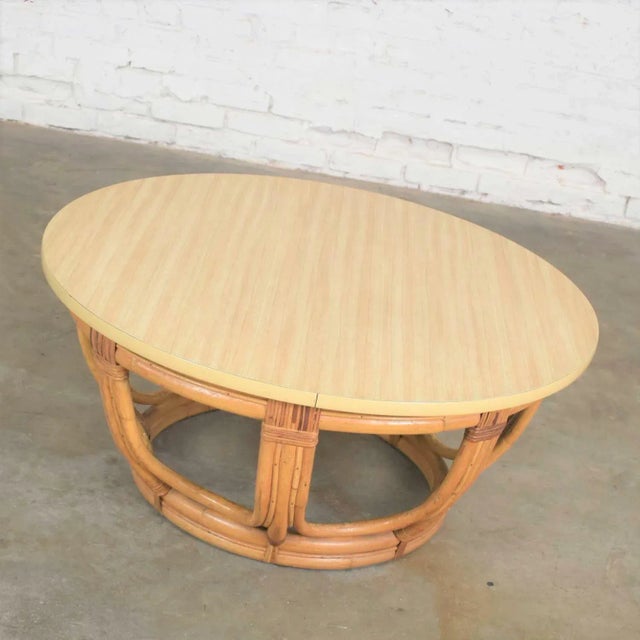 Mid 20th Century Vintage Round Rattan Drum Shape Coffee or End Table With Laminate Top For Sale - Image 5 of 11