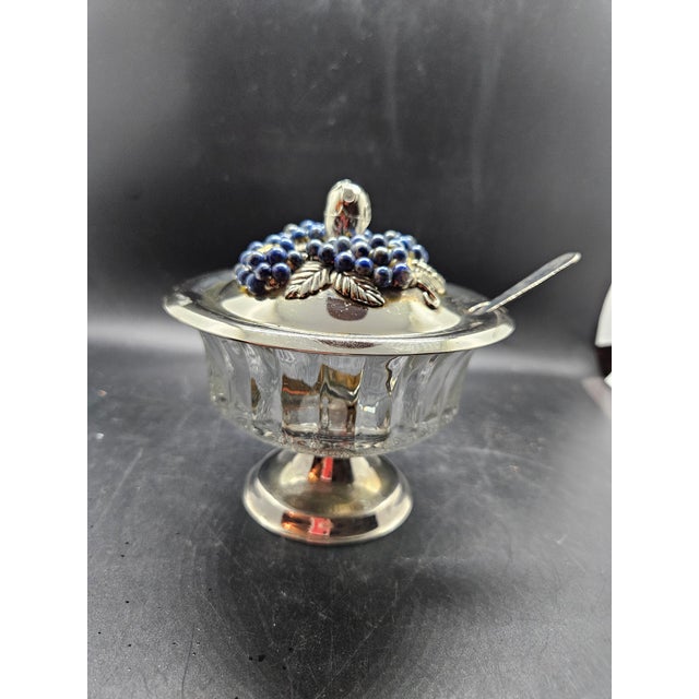 1980s Vintage Silver-Plated/Chrome Condiment Dish or Jam Pot, Likely Featuring Lapis Lazuli Stone Accents With Spoon For Sale - Image 5 of 7