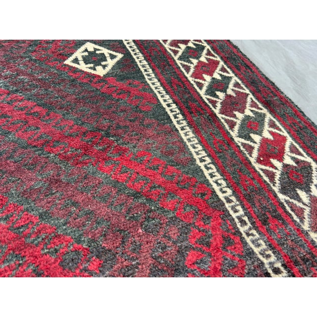 Textile Vintage Afghan Baluchi Hand-Knotted Wool Runner | Deep Burgundy & Ivory Tribal Diamond Rug For Sale - Image 7 of 10
