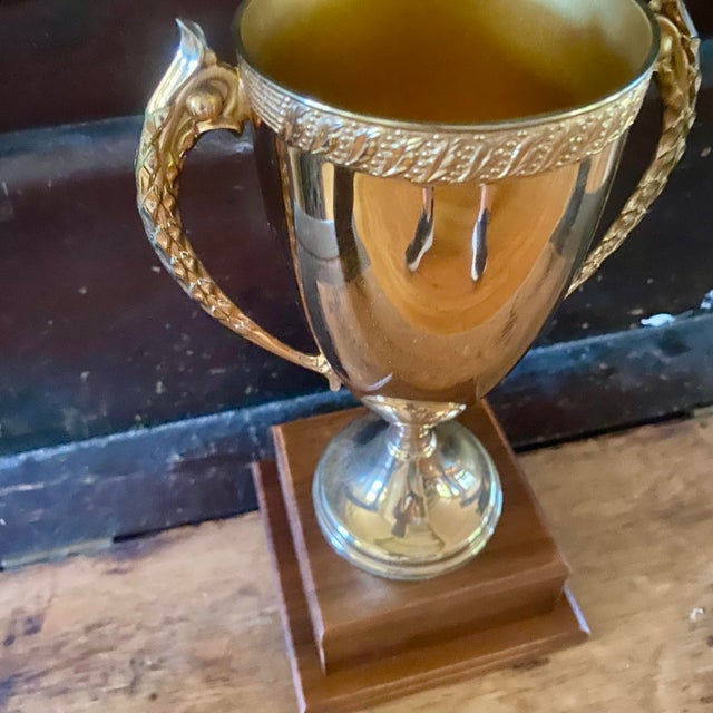 Classic Gold-Tone Metal Loving Cup Trophy Mounted on a Tiered Walnut Wood Base. For Sale - Image 10 of 13