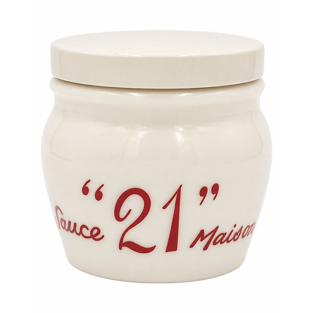 Ivory Vintage the 21 Club Nyc Restaurant Condiment Jar Sauce Maison Glass New York For Sale - Image 8 of 11