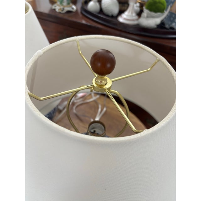 2010s Contemporary Ralph Lauren Blue and White Cobalt Ikat Ginger Jar Lamps With White Line Shades - a Pair For Sale - Image 5 of 10