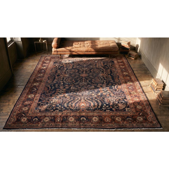1930s Blue Navy Floral Antique Persian Sarouk Farahan Carpet 8'8" X 12'8" Woven Wool Rug For Sale - Image 12 of 12