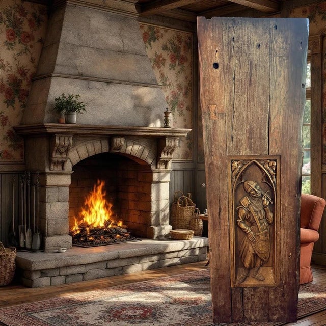 1880's English Carved Oak Gothic Style Crusader Knight in 18th Century Thick Plank For Sale - Image 6 of 7