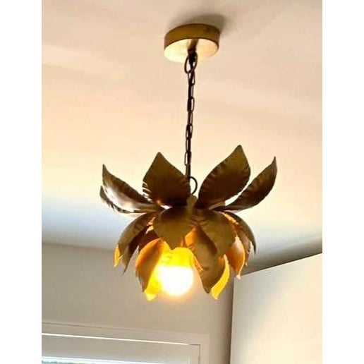 1970s Vintage 1970's Italian Gilt Metal Lotus Flower Pendant/ Chandelier/ Ceiling Fixtures a - Pair For Sale - Image 5 of 8