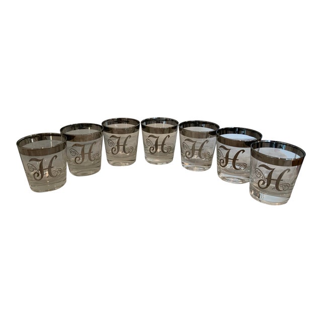Mid 20th Century Silver Rimmed “h” Low Ball Glasses- Set of 7 For Sale