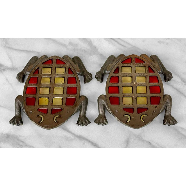 Vintage Stained Glass Cast Iron Frog Barware Coasters, A Pair, c.1970's - Pairs Nicely with Many Mid-Century & Eclectic...
