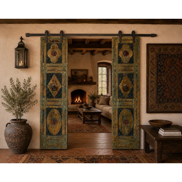 Antique Indian Carved and Painted Teakwood Door, each door with 3 panels intricately carved with flat quatrefoil, diamond,...