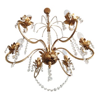Vintage Hollywood-Regency Gold-Plated Cascade 6-Light Waterfall Chandelier with Crystal Pendants, 1960s For Sale