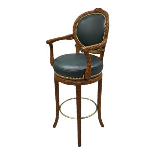 Hollywood Regency Faux Bois Branch Wooden Green Vinyl Swivel Barstool Chair For Sale