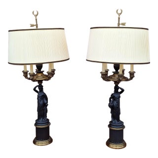Mid 20th Century Pair P Hanson Attributed Napoleon III Gilt and Patinated Bronze Figural Five-Arm Candelabra Lamps For Sale