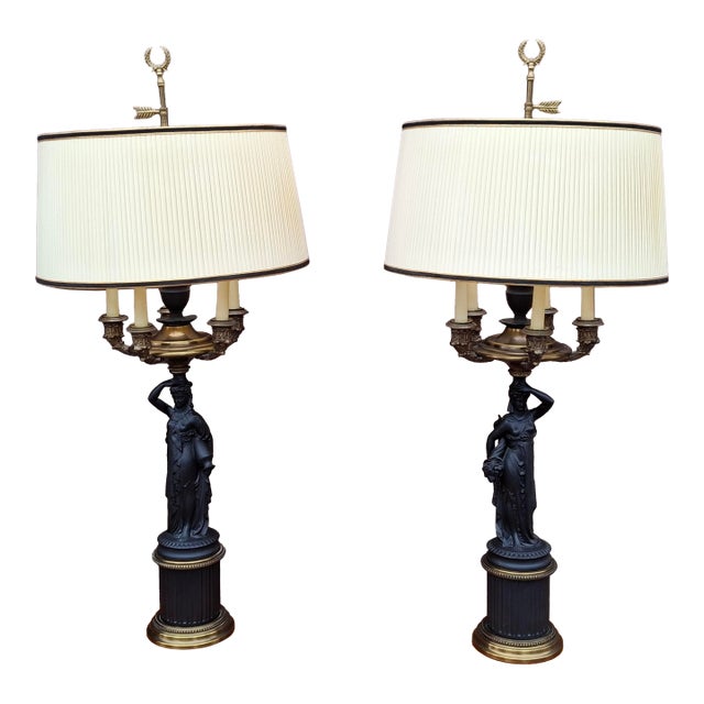 Mid 20th Century Pair P Hanson Attributed Napoleon III Gilt and Patinated Bronze Figural Five-Arm Candelabra Lamps For Sale