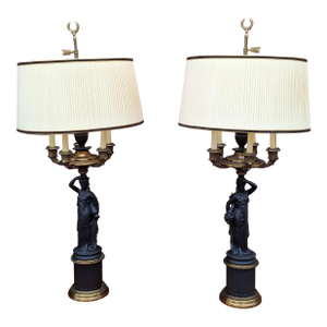 Mid 20th Century Pair P Hanson Attributed Napoleon III Gilt and Patinated Bronze Figural Five-Arm Candelabra Lamps