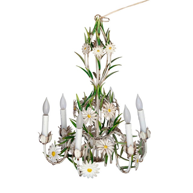 A Super Charming Vintage Italian Tole Daisy Chandelier with 6 Arms. White with Gree and a touch of yellow.