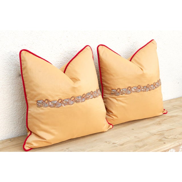 Pair of Gold Zardozi-Embroidered Silk Pillow Covers, Embroidered Band For Sale In Los Angeles - Image 6 of 8