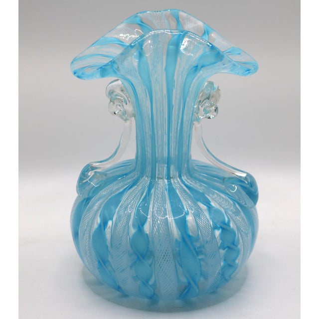 Mid-Century Modern Mid-Century Murano Twin-Handled Latticino Art Glass Vase - Circa 1950s For Sale - Image 3 of 11