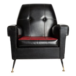 Vintage Armchair in Black Leather with Brass Legs, Italy, 1970s For Sale