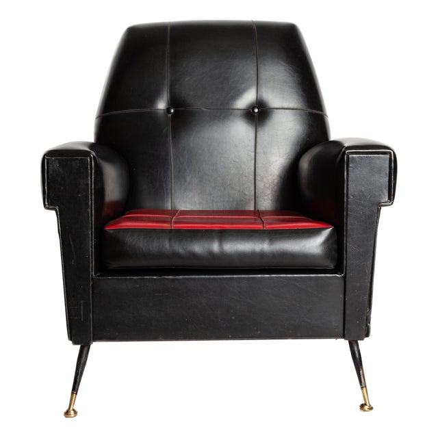 Vintage Armchair in Black Leather with Brass Legs, Italy, 1970s For Sale