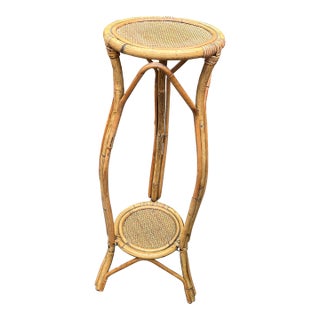 Vintage Mid-Century Rattan Plant Stand - 2-Tier Boho Pedestal For Sale