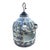 A substantial blue and white Chinoiserie-style ceramic birdcage sculpture featuring two perched birds, open fretwork...