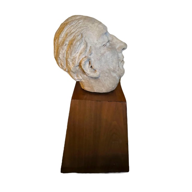 Mid Century clay bust of a man. Brutalist and unique on a wooden base. Expressive and abstract..
