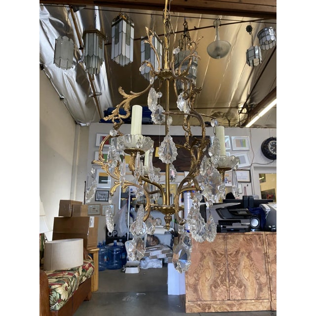 1920s Tall Hollywood Regency Crystal and Brass Chandelier W/ Three Lights For Sale - Image 10 of 13