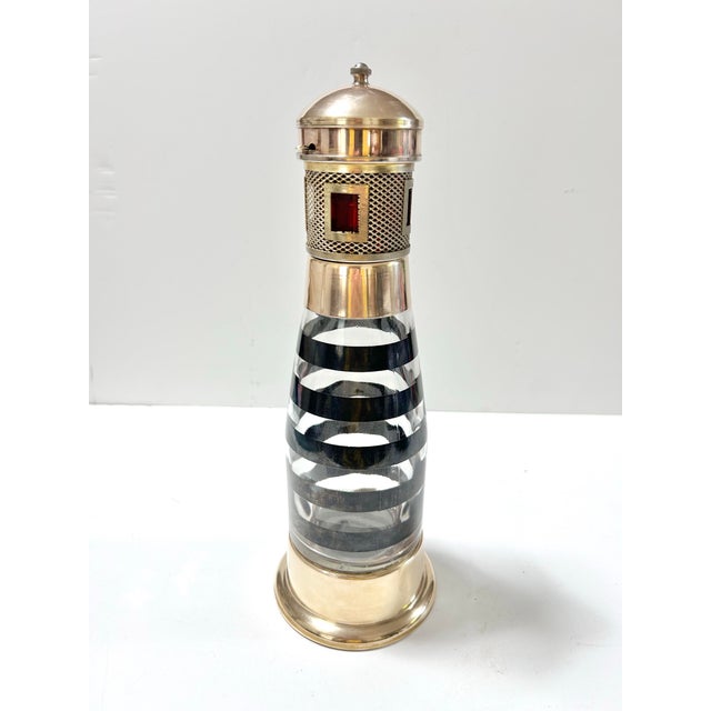 1960s Vintage Nautical Lighthouse Cocktail Shaker Decanter Barware, Brass & Glass Maritime Accent For Sale - Image 5 of 9