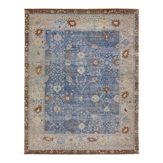 Apadana's Artisan Collection Blue & Brown Handmade Floral Indian Wool Rug For Sale