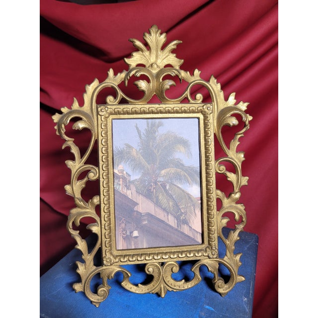 Pair of Antique-Style Gilded Picture Frames • Ornate Cast Metal • Baroque Revival • 5x7 • Heavy, Free-Standing For Sale - Image 4 of 16