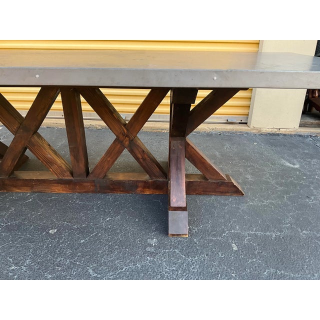 Rustic / Primitive Farm Style Dining Table W/ Zinc Top & Oak Trestle Base For Sale - Image 4 of 5