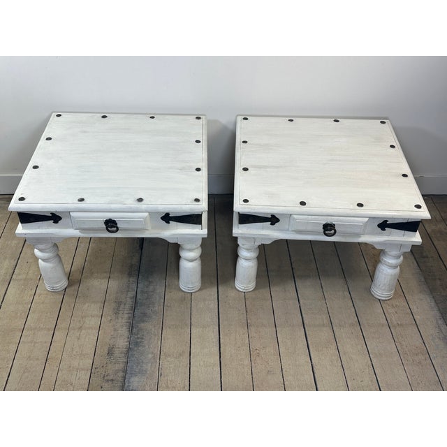 Boho Chic Coffee Tables in White-Washed Wood and Black Wrought Iron, 1990s, Set of 2 For Sale - Image 3 of 12