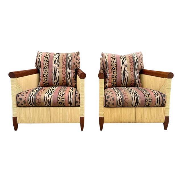 Vintage Coastal Donghia “Merbau” Woven Rattan Lounge Chairs - A Pair For Sale